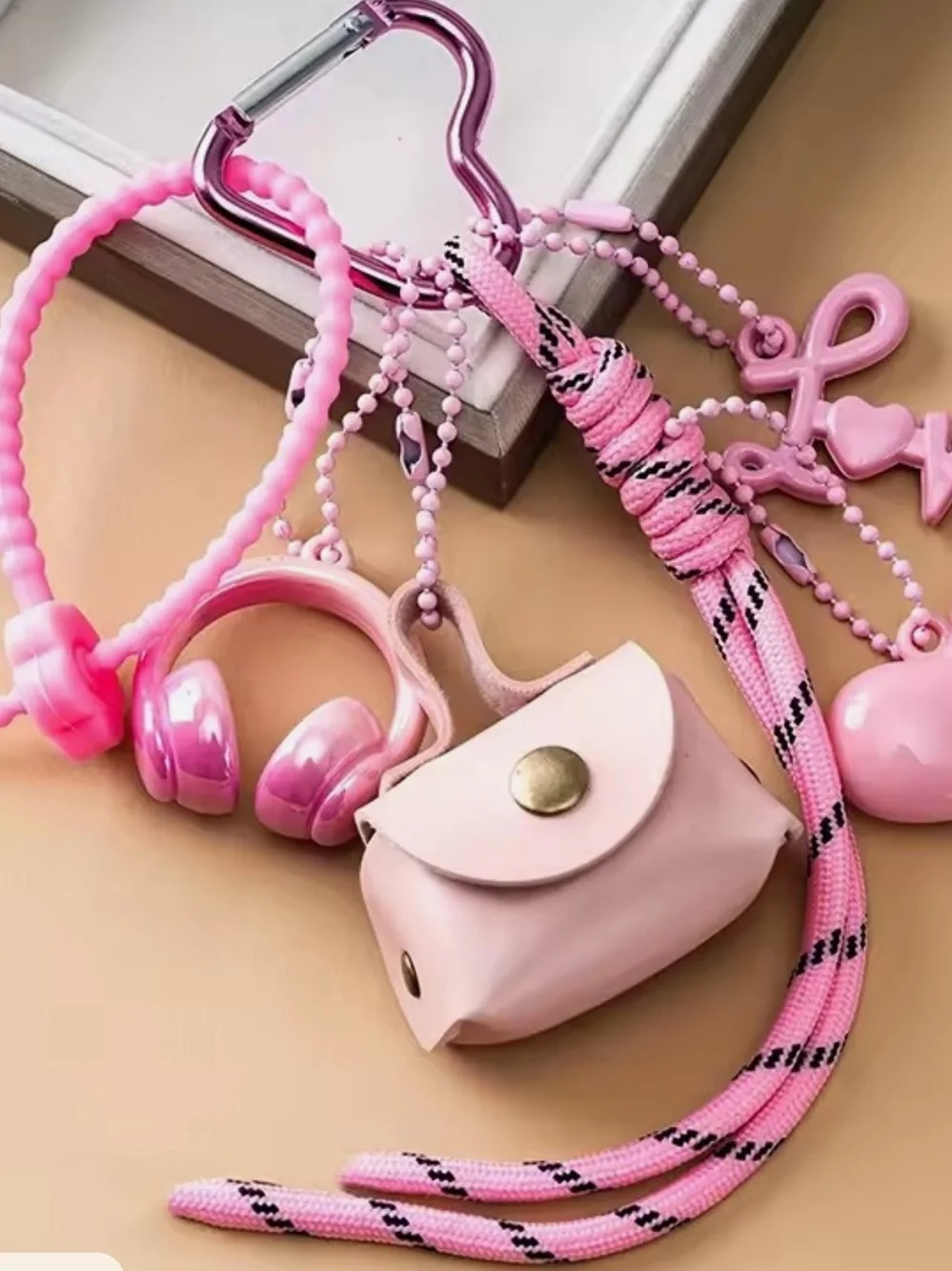 Pink Accessory Keychain Set with Mini Bag & Headphones